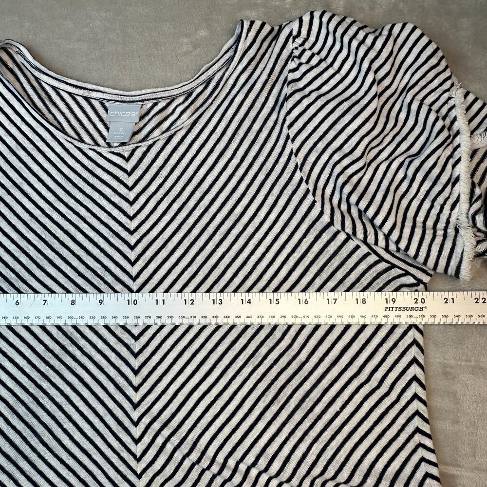 Chicos Women's Linen‎ Short Sleeve Top Nautical Navy White Stripe Fringed Size 2 - Picture 12 of 16